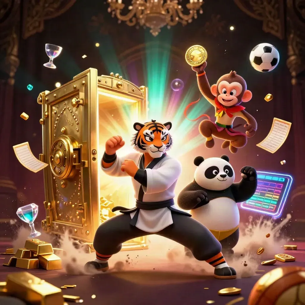 Tiger, panda, and monkey in a luxe casino action burst with gold vault, balls, gems, and neon light.