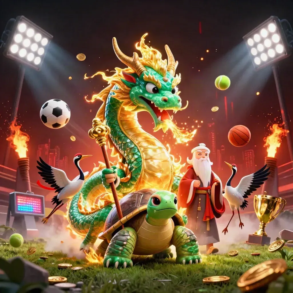 Emerald dragon, turtle sage, cranes, and flying sports gear in a glowing casino arena.