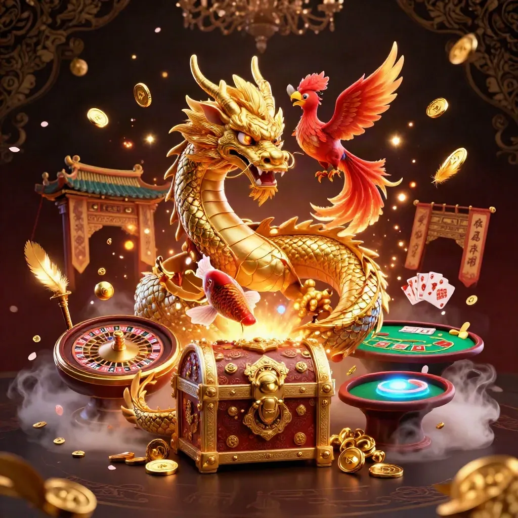Golden dragon, phoenix, koi and casino props in a luxe burgundy-and-gold fantasy scene.