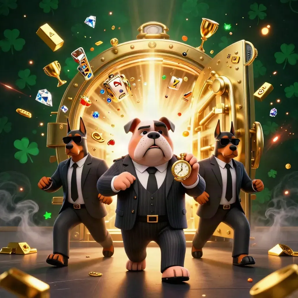Bulldog mob boss and two Dobermans at a glowing vault with gold and gems bursting out