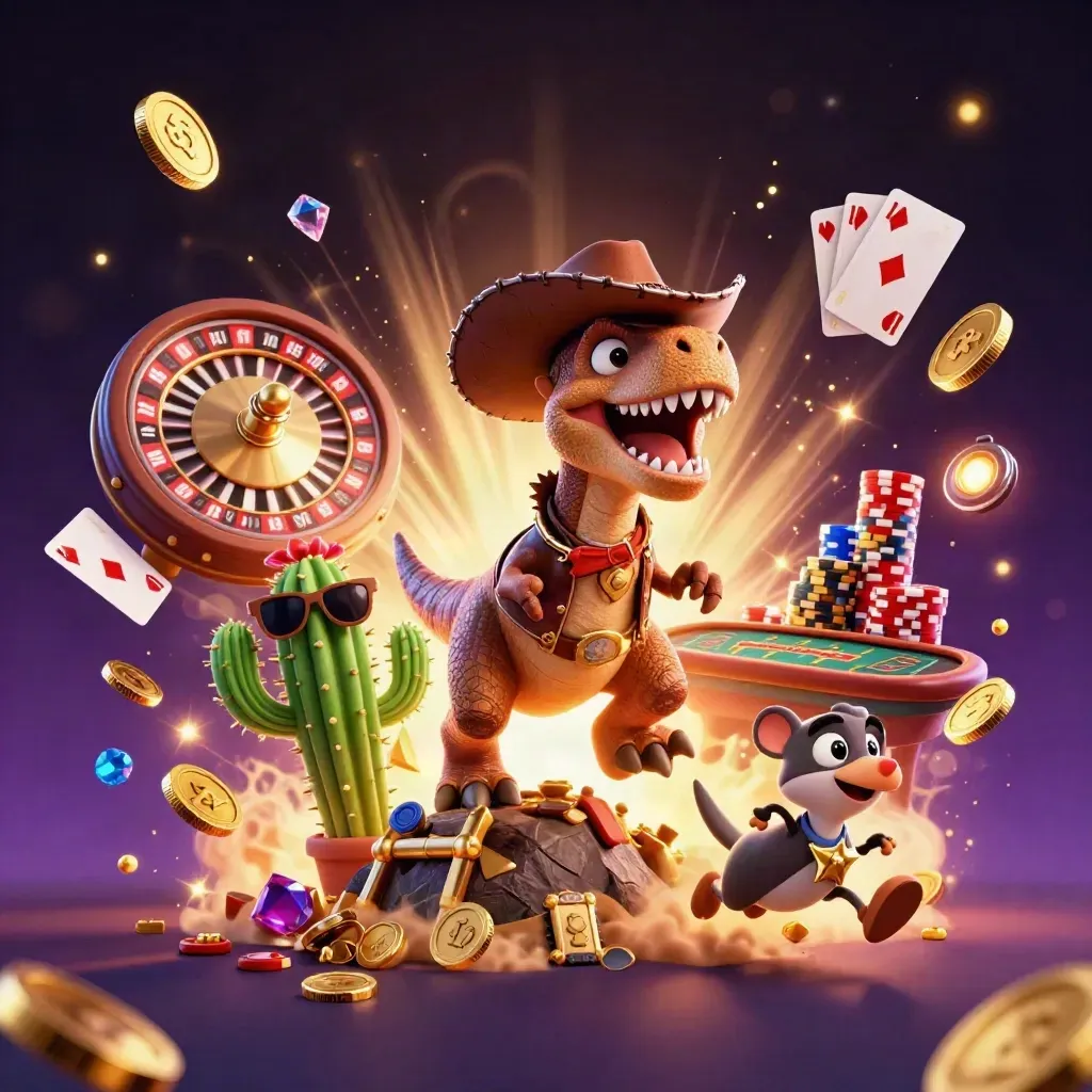 Cowboy T-rex, cactus sidekick and roadrunner amid coins, gems, cards, roulette and casino glow