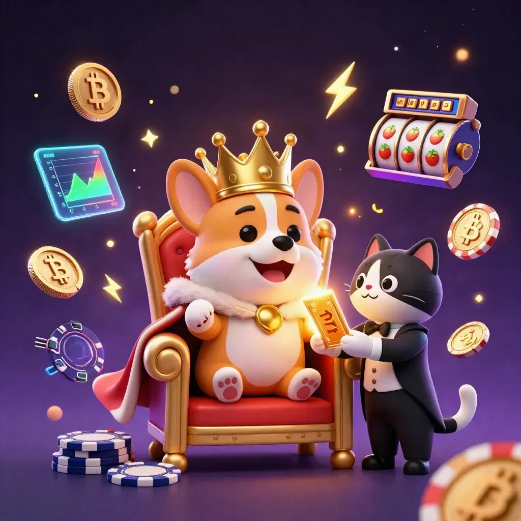 Crowned corgi king and cat butler amid crypto coins, neon lightning, and casino magic.
