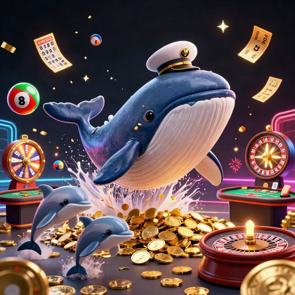 Whale captain, narwhal, and dolphins burst through coins amid casino lights and fireworks.