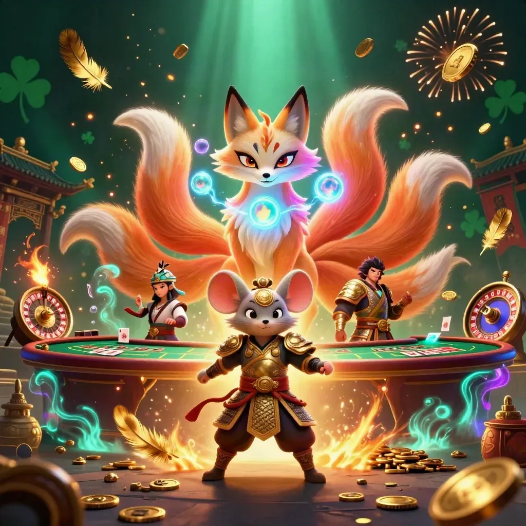 Fox spirit and armored mouse amid casino treasure, coins, fireworks, temple gate, and glowing game tables.