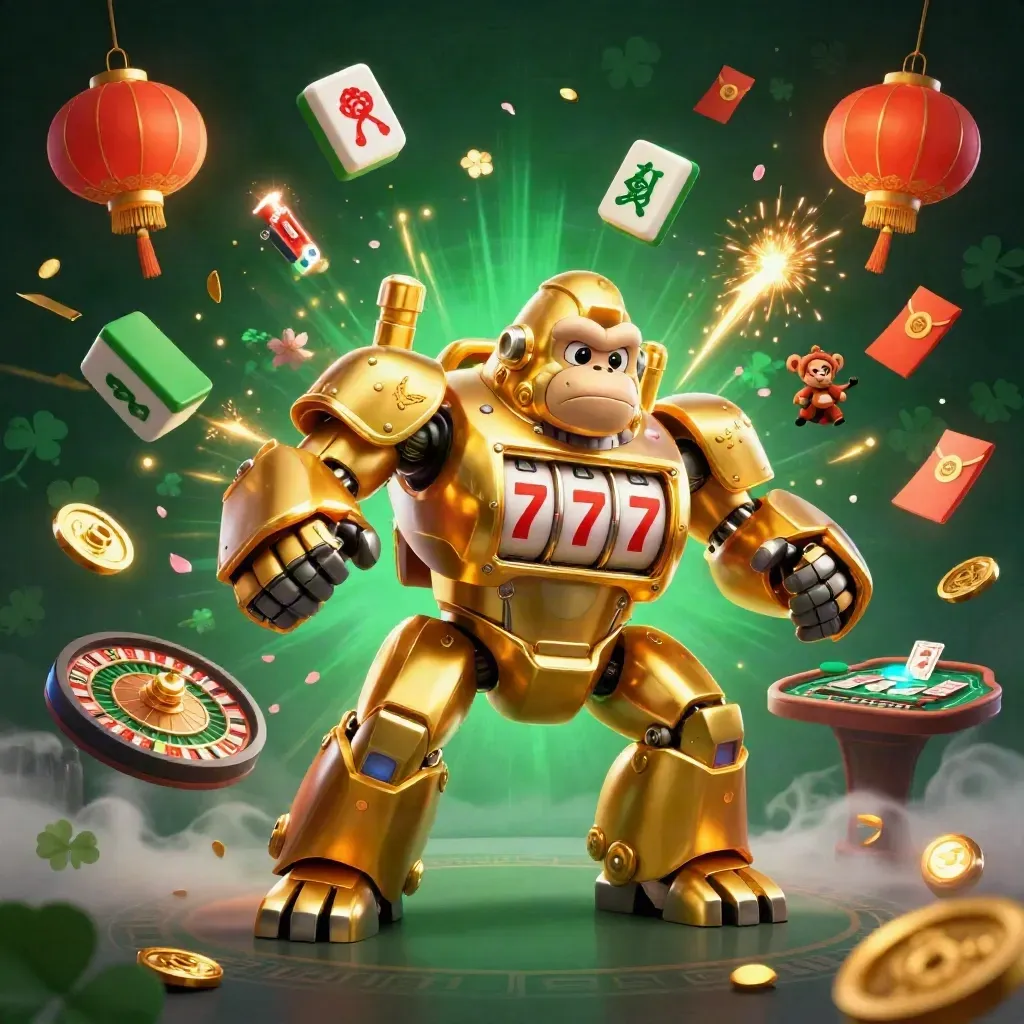 Golden gorilla mech with monkey pilot amid casino treasures, fireworks, coins, and glowing table action.