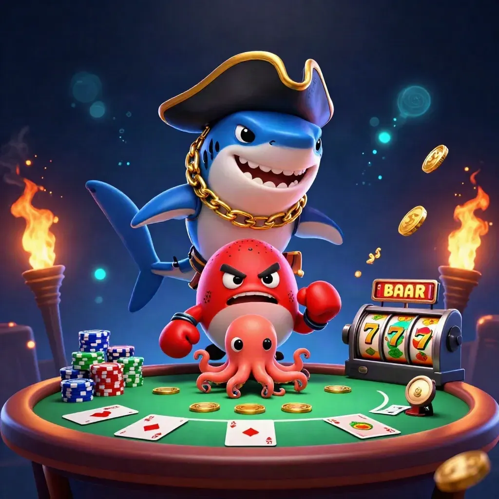 Shark captain, pufferfish, and octopus amid casino cards, chips, reels, and neon sparks.