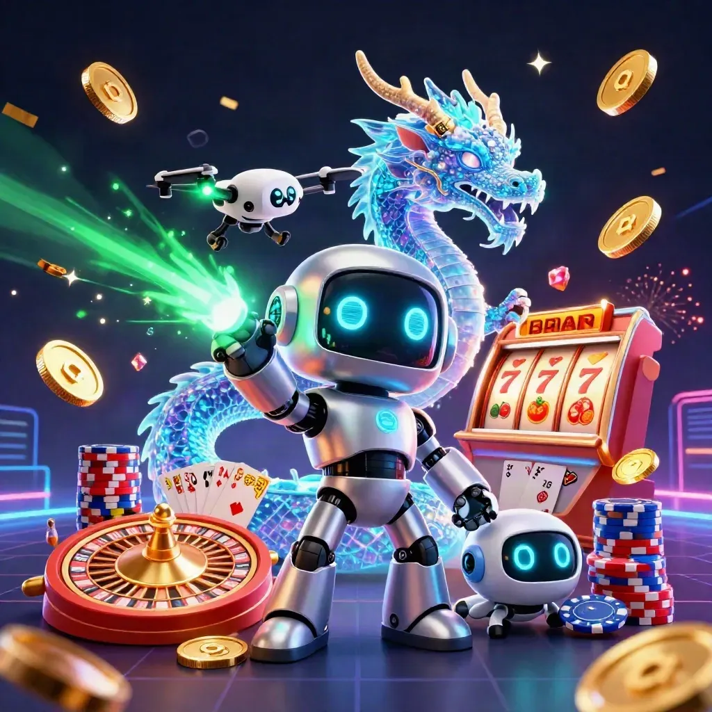 Robot mascot, holographic dragon, and drone amid casino coins, chips, cards, and neon effects.